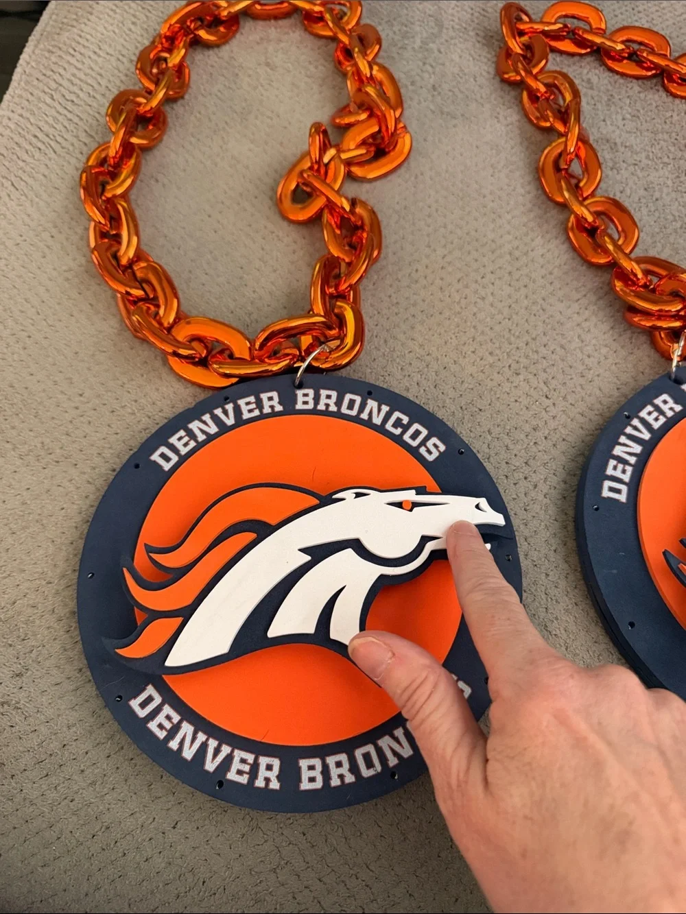 Spinning Denver Broncos Orange & Navy Fan Medallion Necklace (Pair)